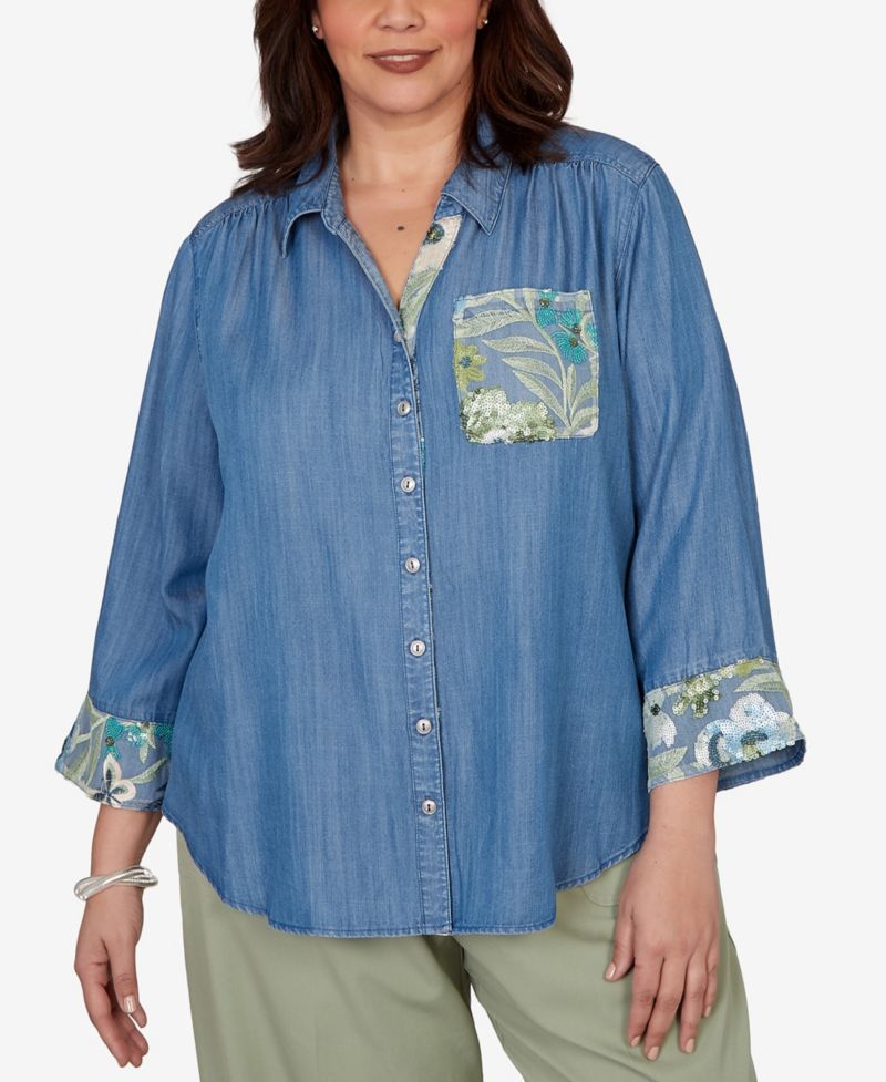 Plus Size Sequined Denim Button-Front Top