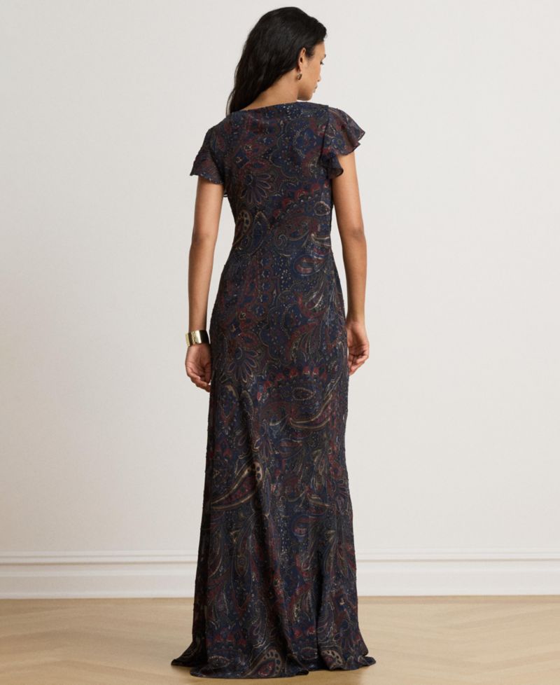 Women's Paisley Clipped Jacquard Cowlneck Gown