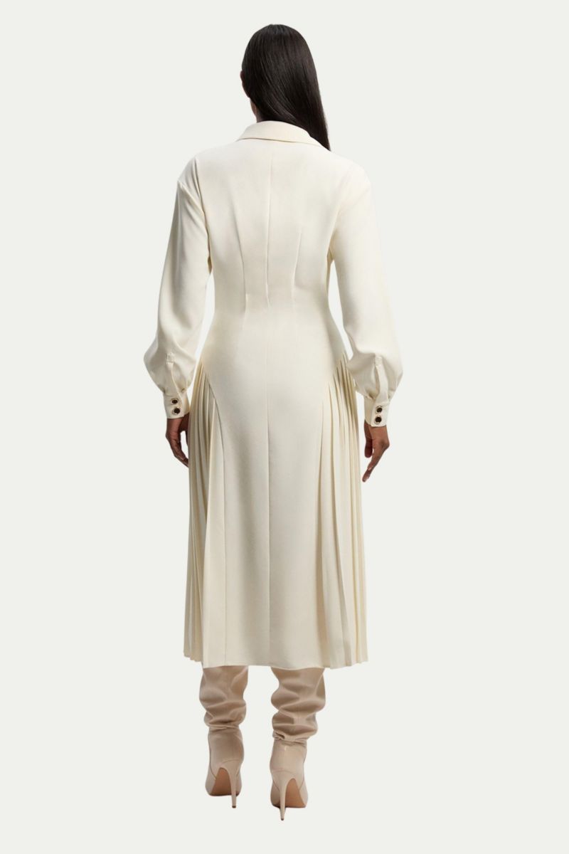 Women's Tailored Crepe Belted Pleated Midi Dress