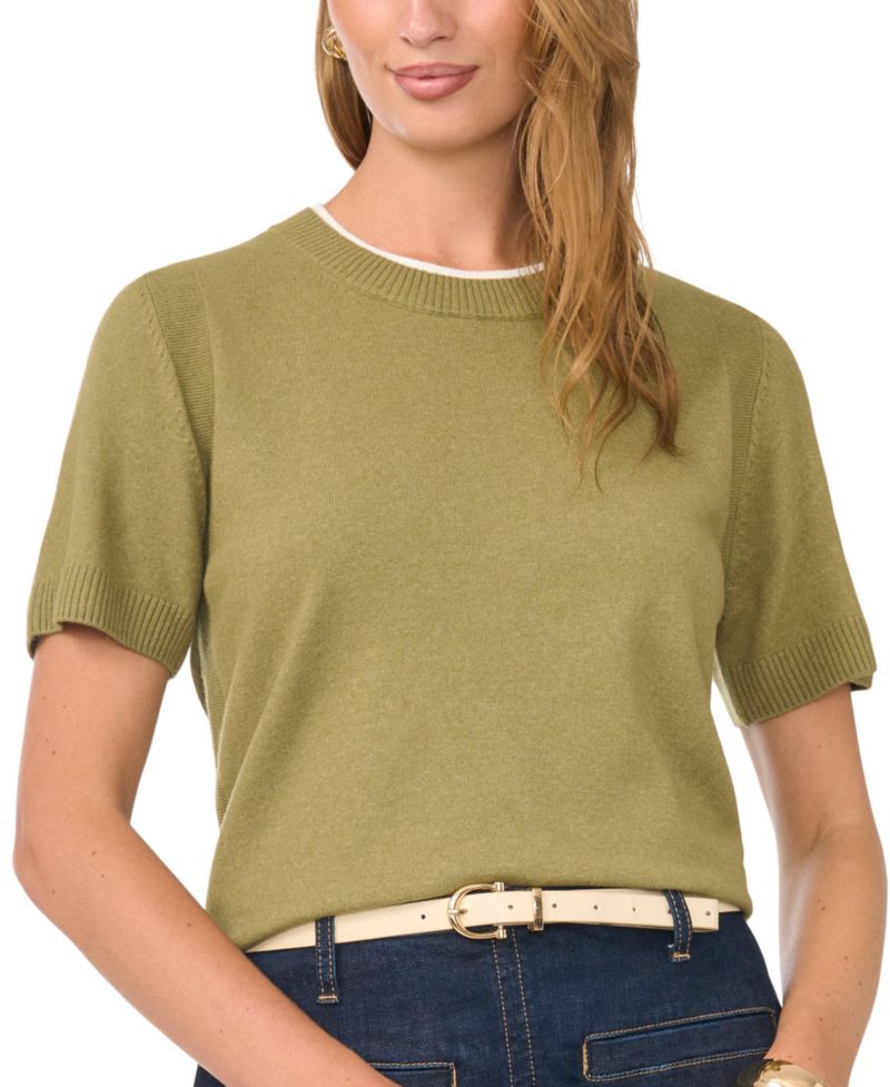 Women's Contrast-Neck Short-Sleeve Sweater