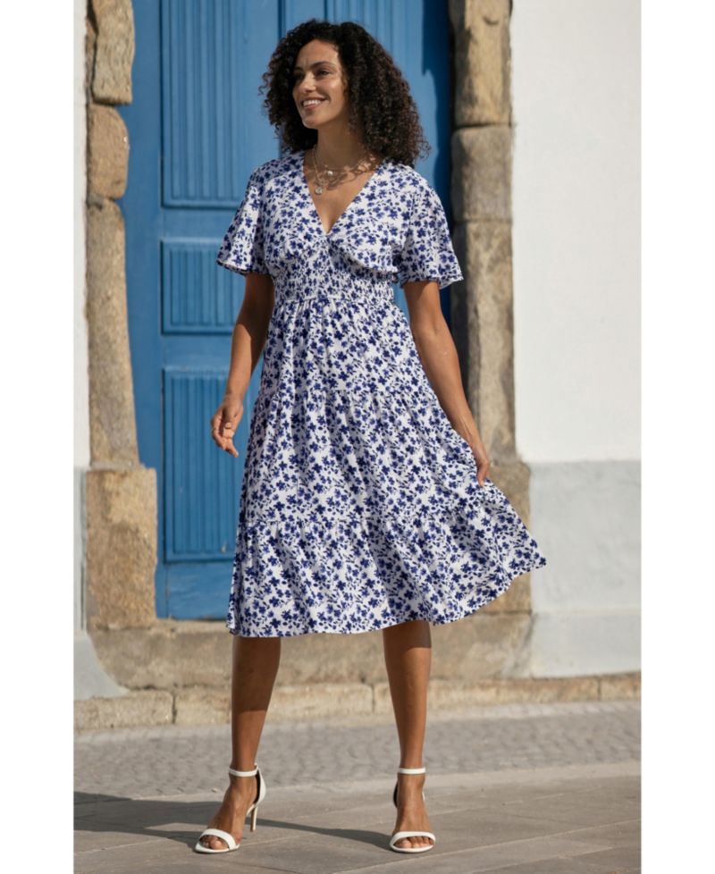 Women's Floral Angel Sleeve Midi Dress