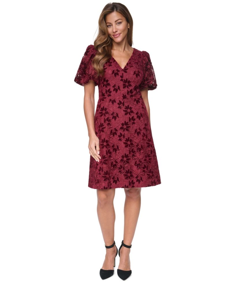 Women's V-Neck Puff Sleeve A-Line Dress