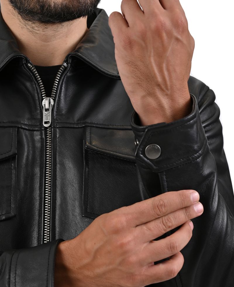 Men's Genuine Leather Regular-Fit Collared Neck Jacket