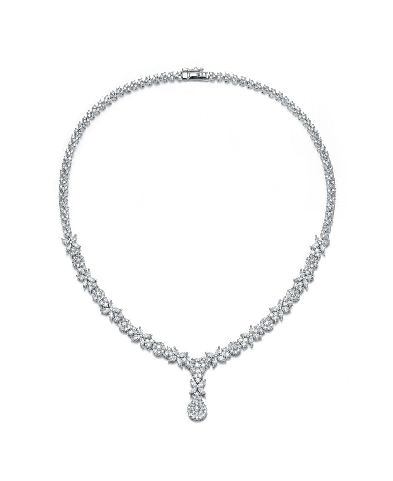 Elegant White Gold Plated Floral Cluster CZ Statement Necklace