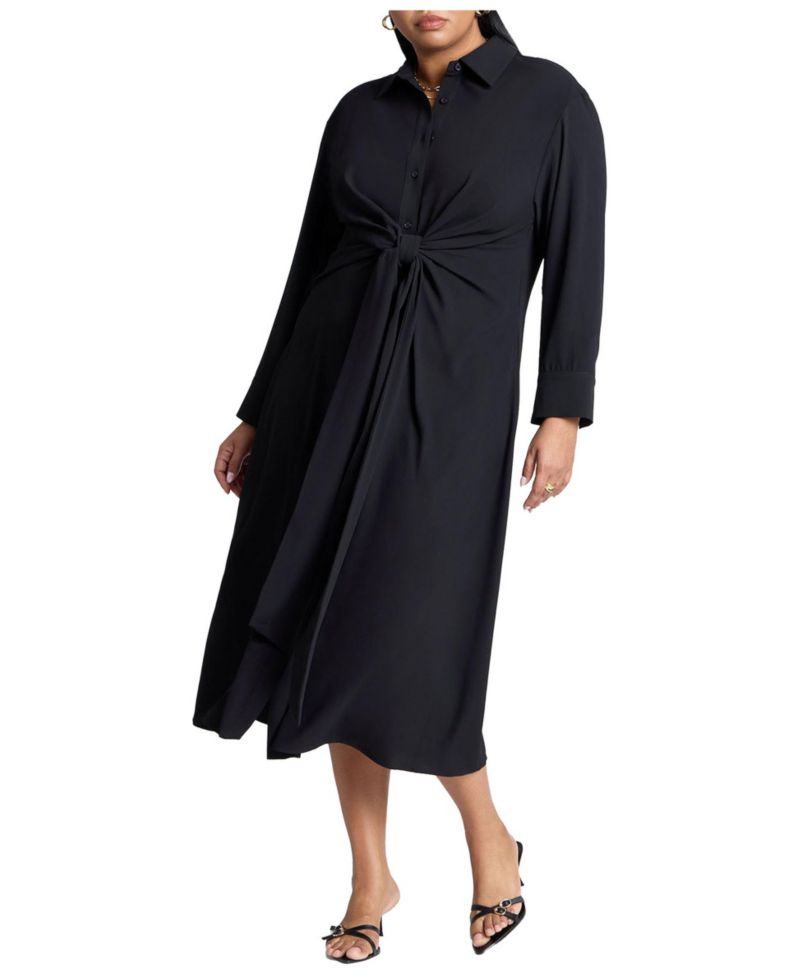 Women's Tie-Front Oversized Midi Shirt Dress