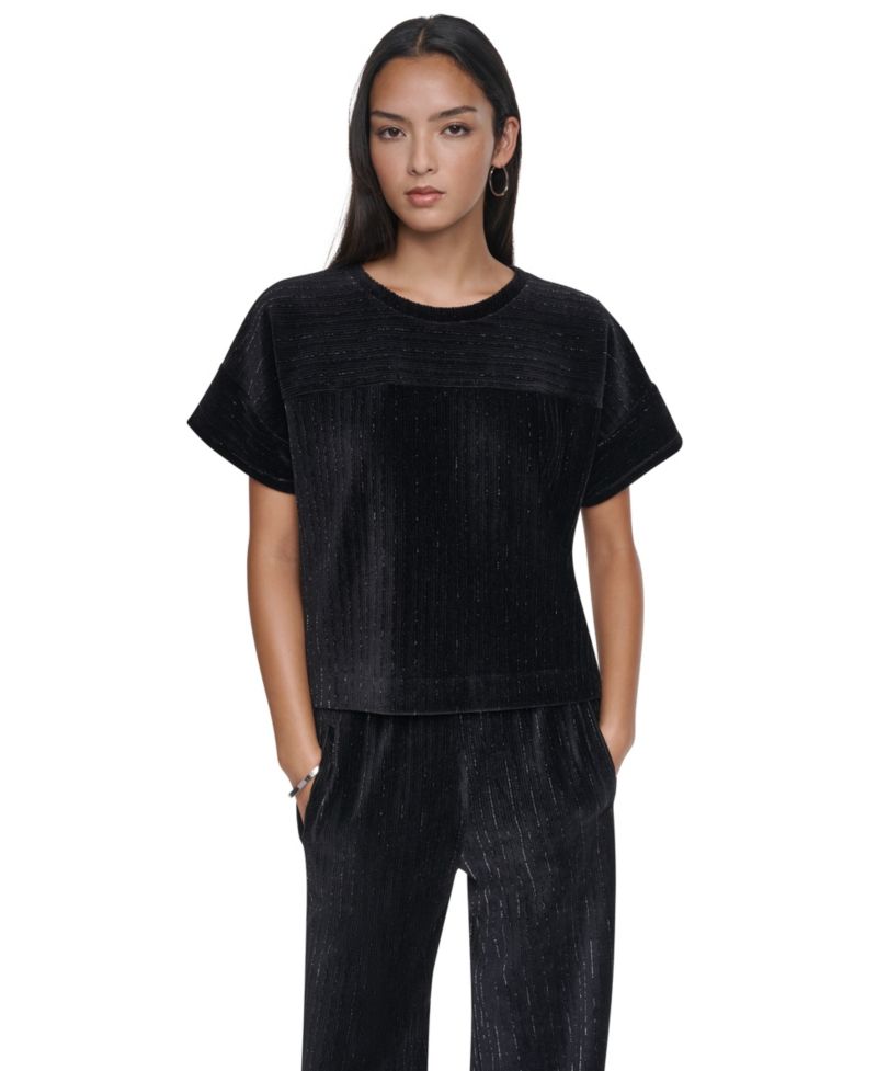 Women's Lurex Velvet Knit Scoop Neck Short-Dolman Sleeves T-Shirt