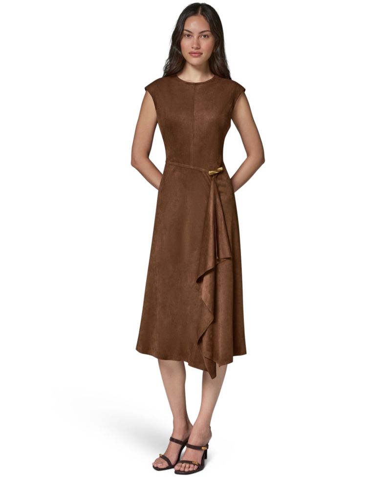 Women's Cap-Sleeve Suede Midi Dress
