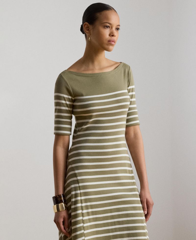 Women's Boat Neck Breton-Stripe Ribbed Midi Dress