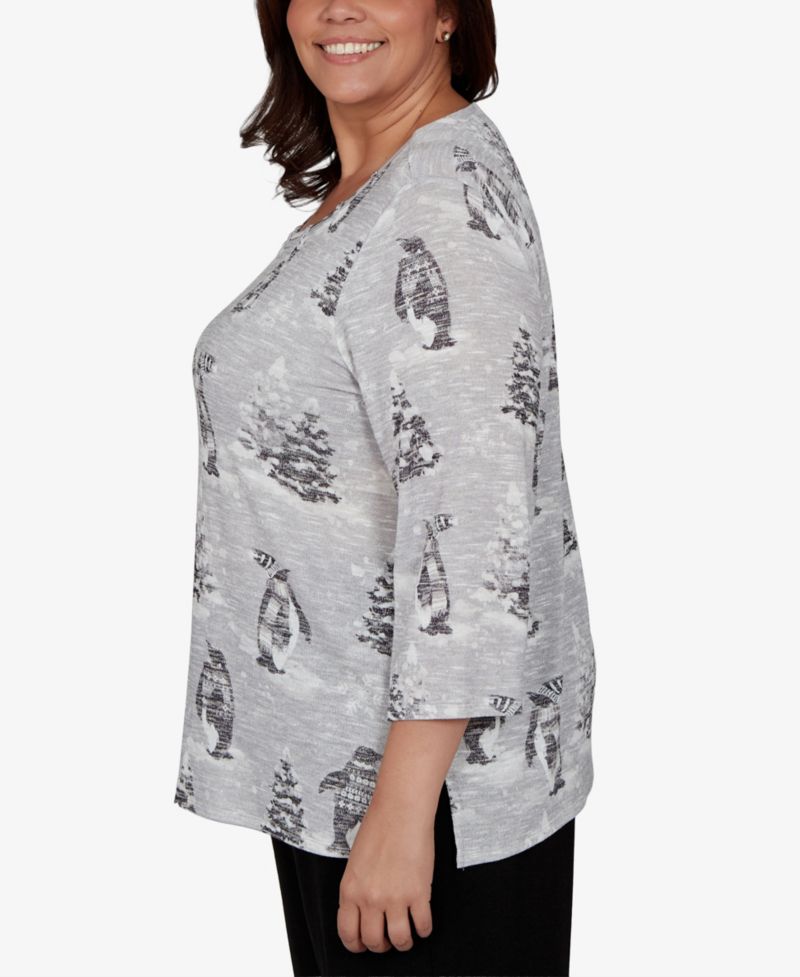 Plus Size Classic Penguins and Trees 3/4 Sleeve Holiday Knit Top