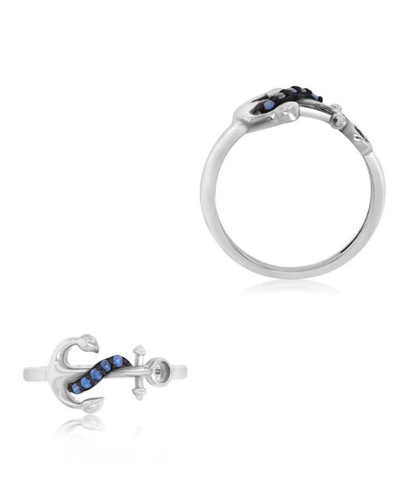 Created Blue Sapphire Anchor Ring in Rhodium Over Sterling Silver