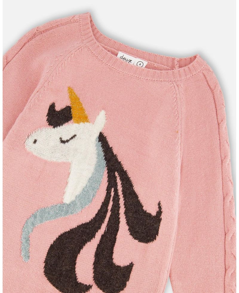 Girl Knitted Dress Dusty Pink with Unicorn Intarsia - Toddler|Child