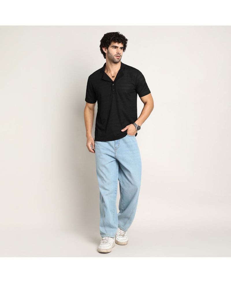 Men's Onyx Black Panel-Tactile Cuban Polo T-Shirt