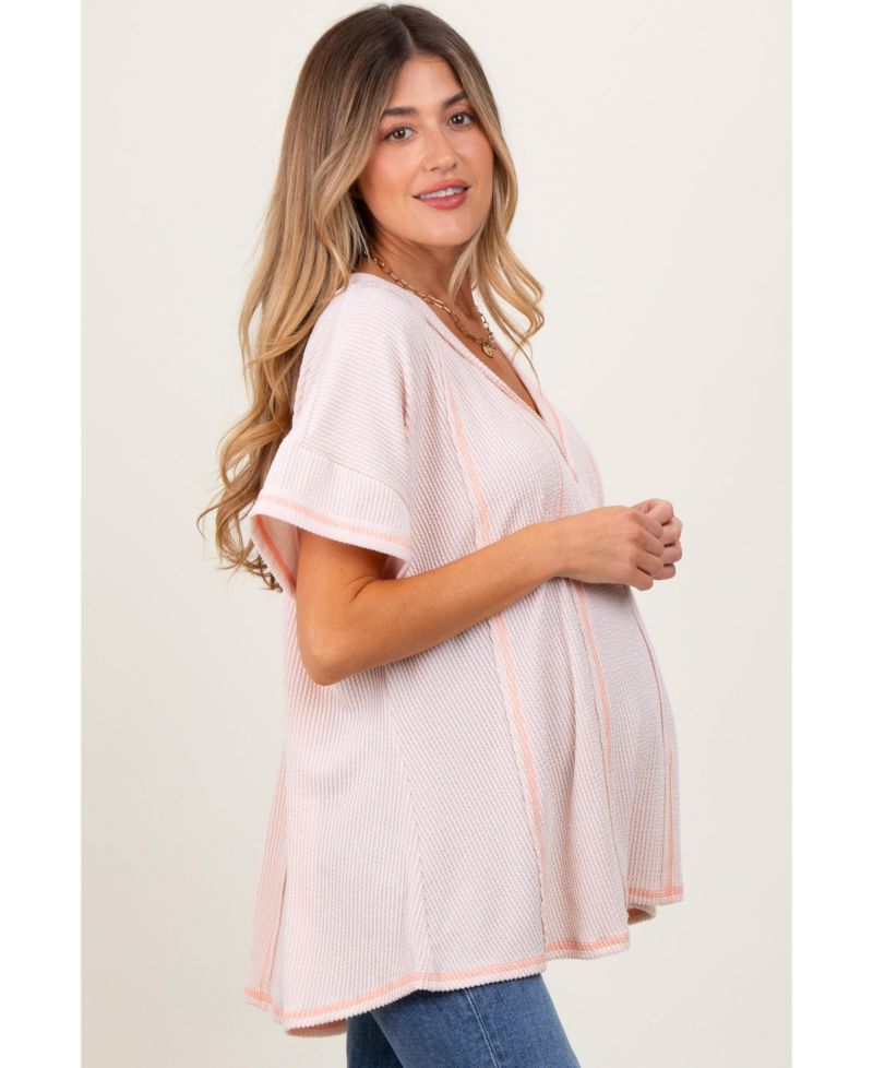 Women's Striped Ribbed V-Neck Oversized Short Sleeve Top