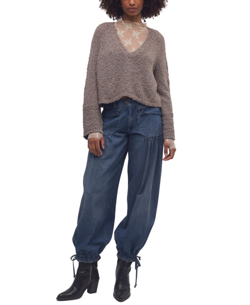 Women's Heartland Cropped Flared-Sleeve V-Neck Pullover Sweater