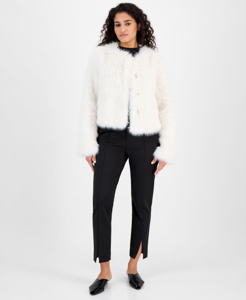 Women's Collarless Short Faux-Fur Coat