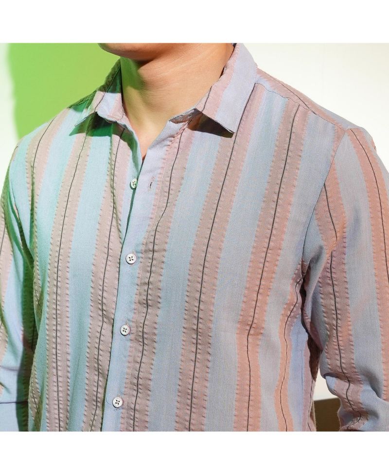 Men's Icy Blue & Nude Beige Striped Seersucker Shirt