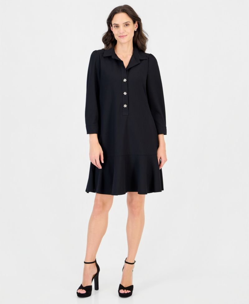 Petite Collared 3/4-Sleeve Flared-Hem Dress