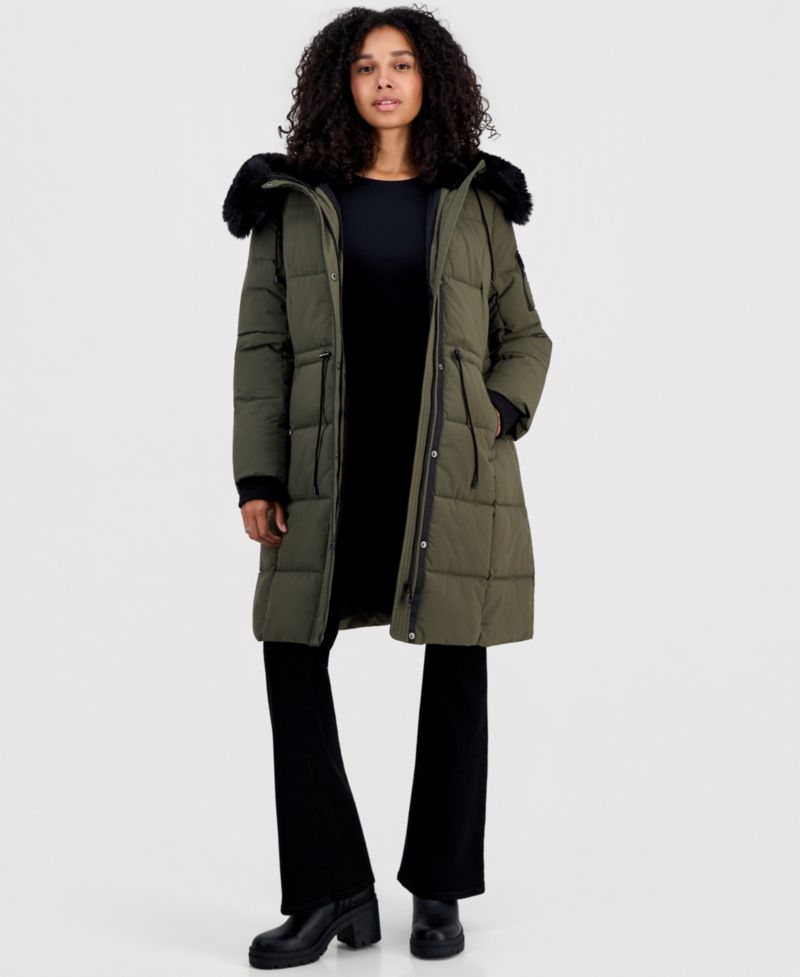 Women's Hooded Drawcord-Waist Puffer Coat