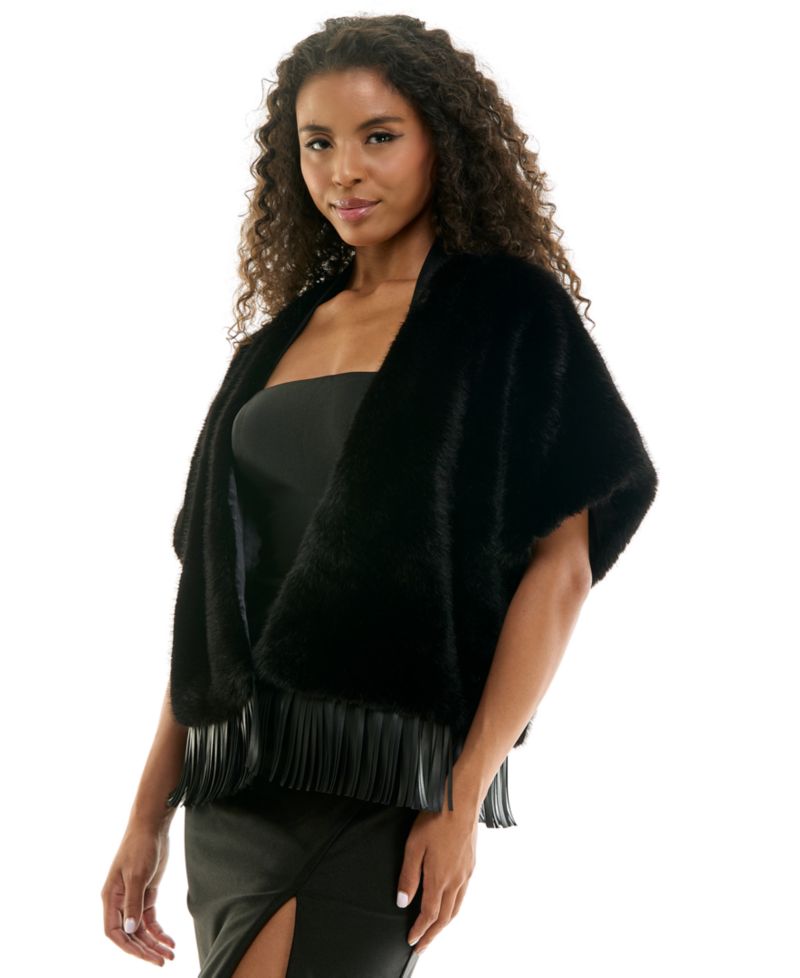 Juniors' Faux Fur Open-Front Pleather-Fringe Hem Jacket