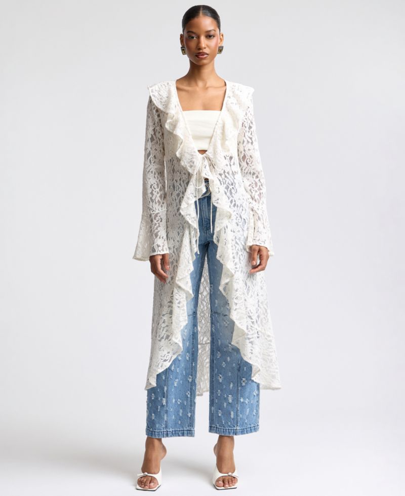 Women's Ruffle Tie-Front Lace Topper