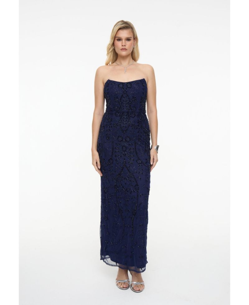 Women's Embellished Sequin Beaded Maxi Strapless Dress