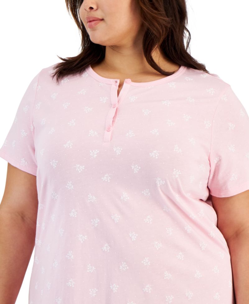 Plus Size Cotton Ditsy Floral Henley Sleepshirt