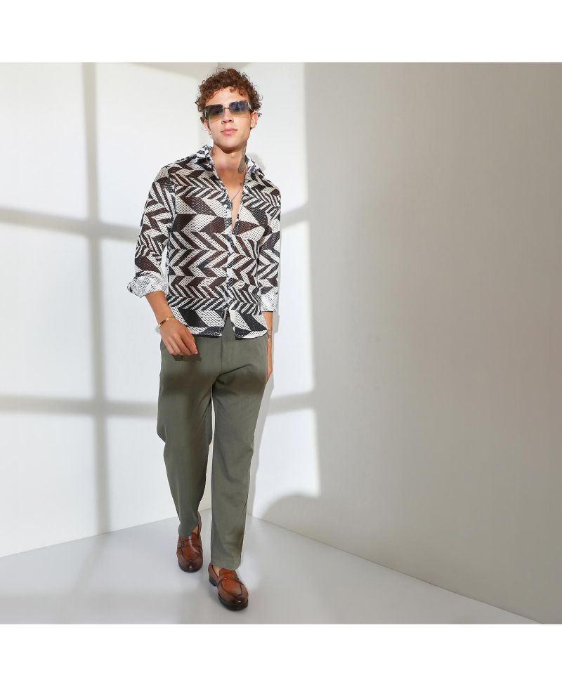Men's Taupe Brown & Cream White Chevron-Knit Shirt