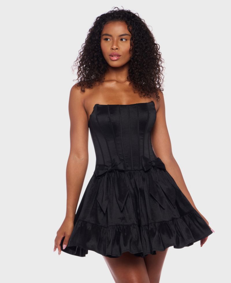 Juniors' Corseted Sleeveless Taffeta Fit & Flare Bow Detail Mini Dress