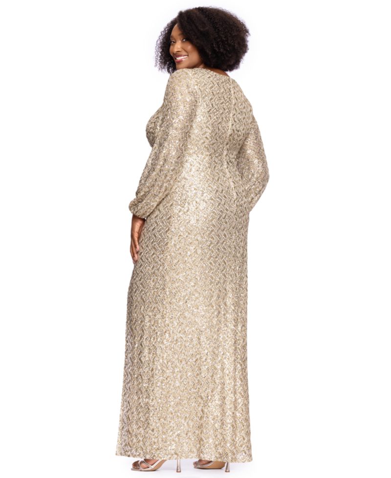 Plus Size Allover-Sequin Keyhole Long-Sleeve Gown