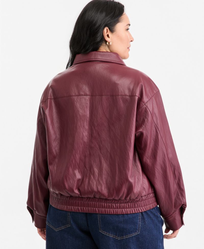 Plus Size Long-Sleeve Faux Leather Bomber Jacket