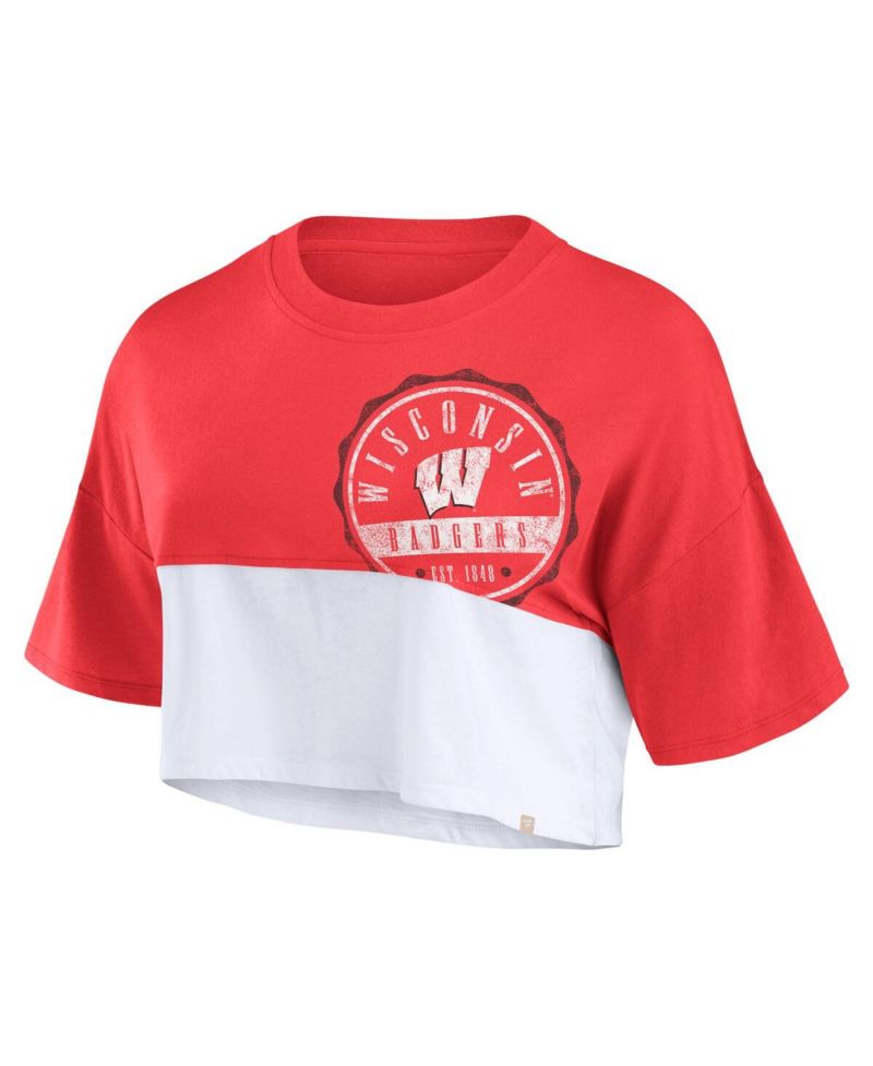 Women's Red/White Wisconsin Badgers Oversized Badge Color Block Cropped T-Shirt