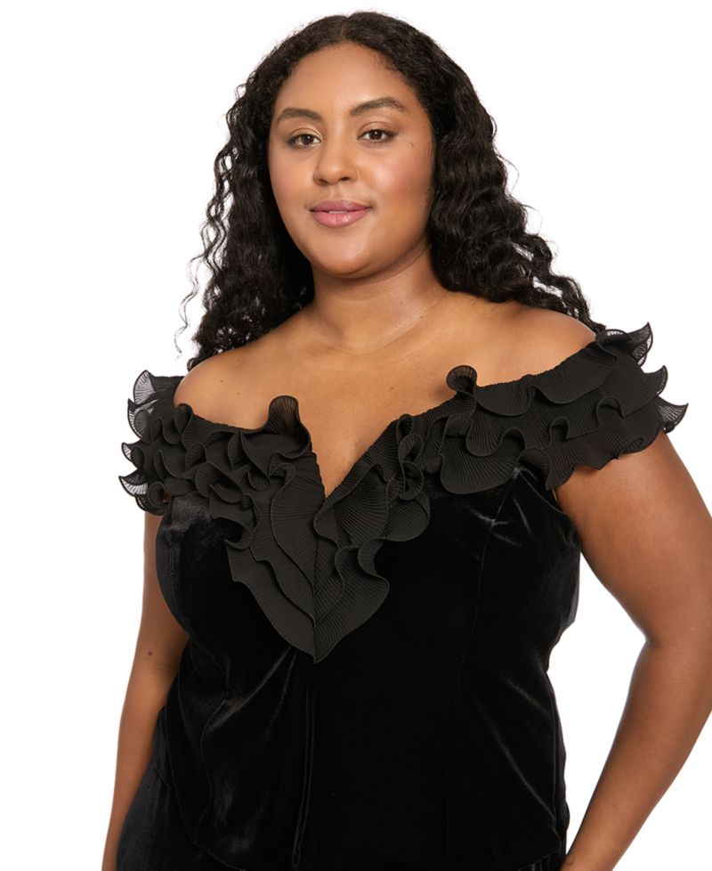 Plus Size Off-the-Shoulder Velvet Ruffle Blouse