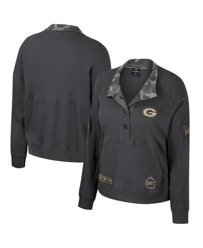 Women's Heather Charcoal Georgia Bulldogs OHT Military Appreciation Payback Henley Thermal Sweatshirt