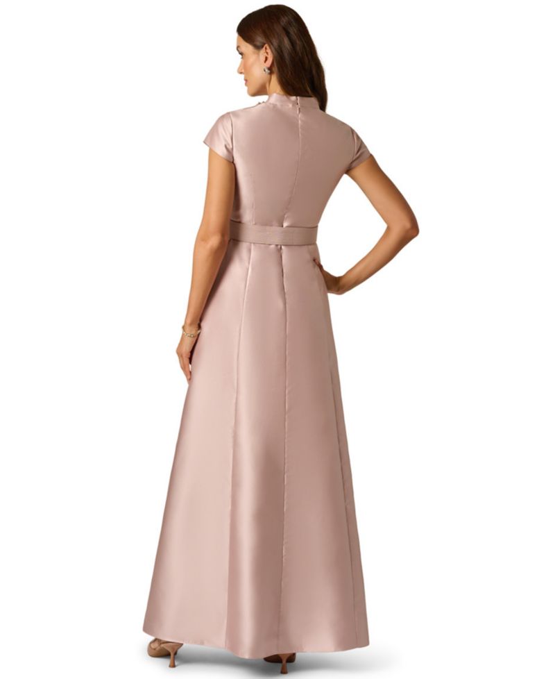 Women's Mikado Belt V-Neck Short-Sleeve Gown