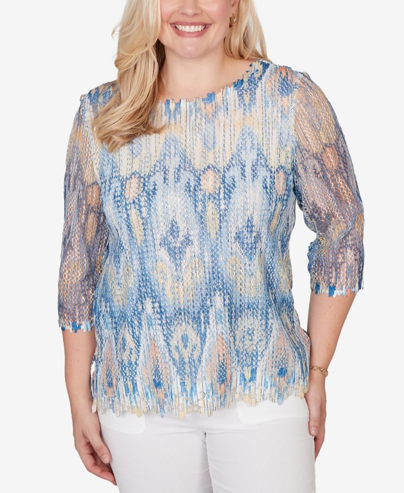 Women's Out of the Blue Dramatic Ikat Scallop Trim Crewneck Top
