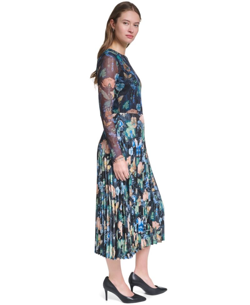 Women’s Printed Mesh Long-Sleeve Crewneck Dress