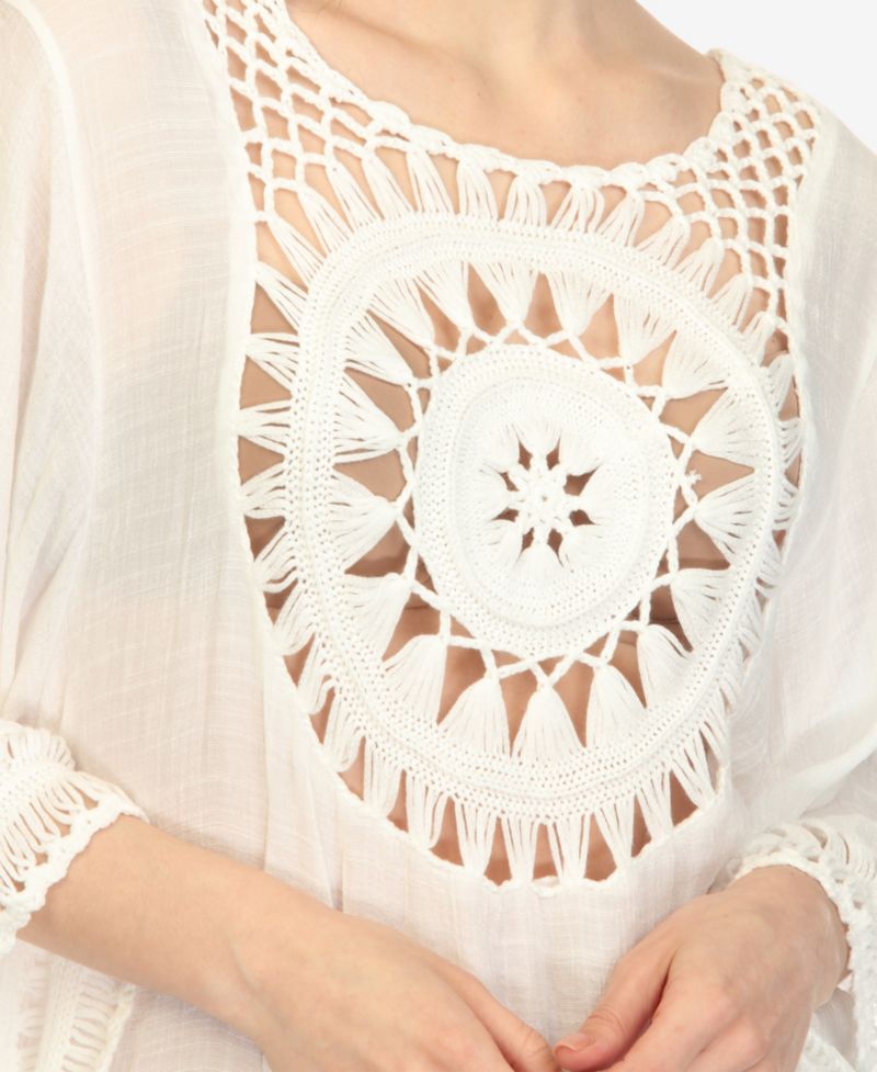 Women's Crocheted Fringed Trim 3/4 Sleeves Cover Up Dress