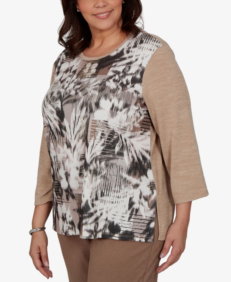 Plus Size Floral-Print 3/4-Sleeve T-Shirt