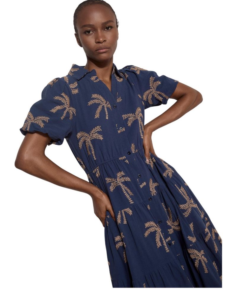 Women's Embroidered Puff-Sleeve Tiered Midi Dress