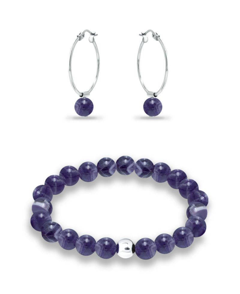 Silver Plated Multi Genuine Stone Bracelet and Earring, 2 Piece Set