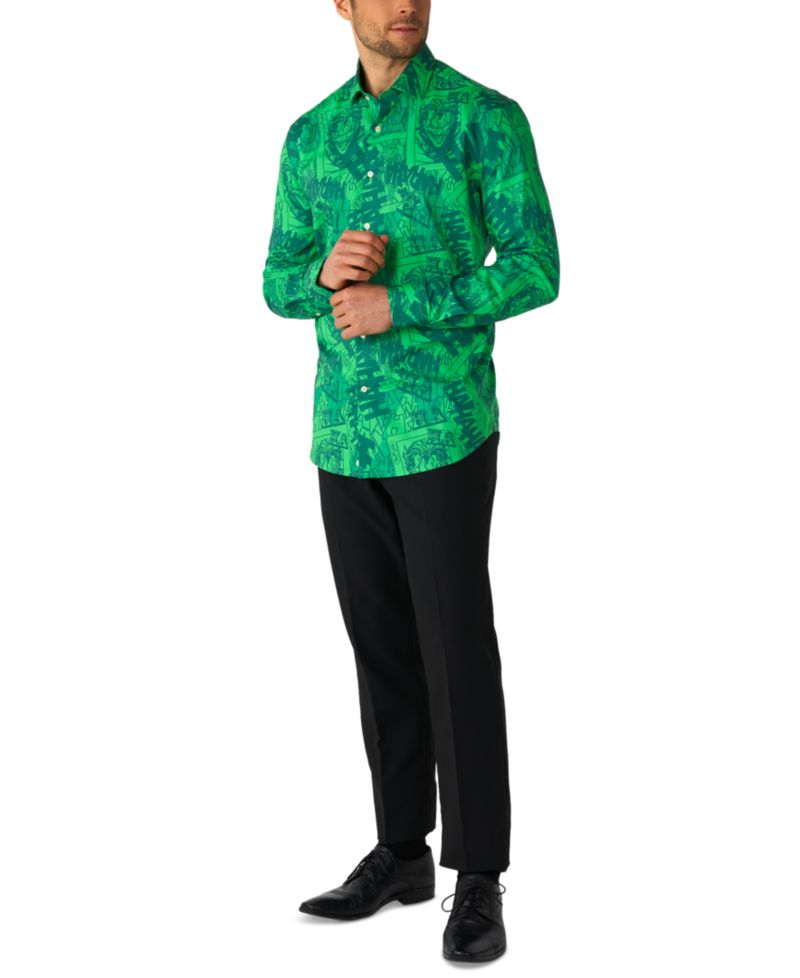 Men's Shirt - Official DC Comics Warner Bros - The Joker a Button Down Shirt - Slim Fit - Green - Long sleeve