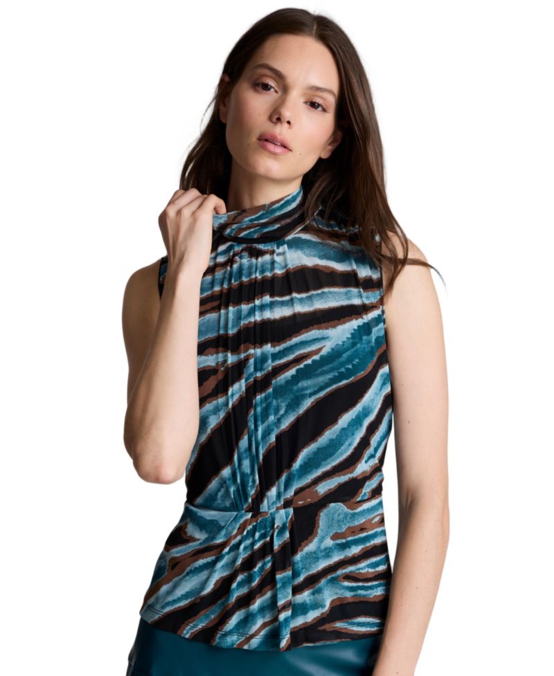 Women's Front-Pleated Mock Neck Mesh Sleeveless Top
