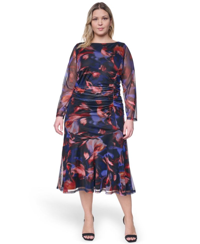Plus Size Printed Side Ruched Mesh Midi Dress