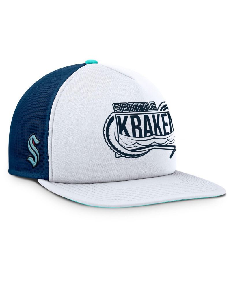 Men's White/Deep Sea Blue Seattle Kraken Authentic Pro Hometown Rink Foam Trucker Snapback Hat
