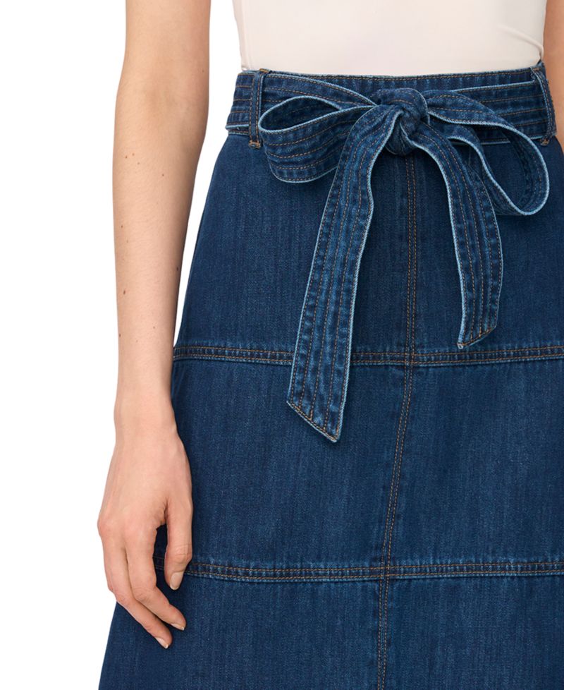 Women's Tie-Waist High-Waisted A-Line Midi Denim Skirt