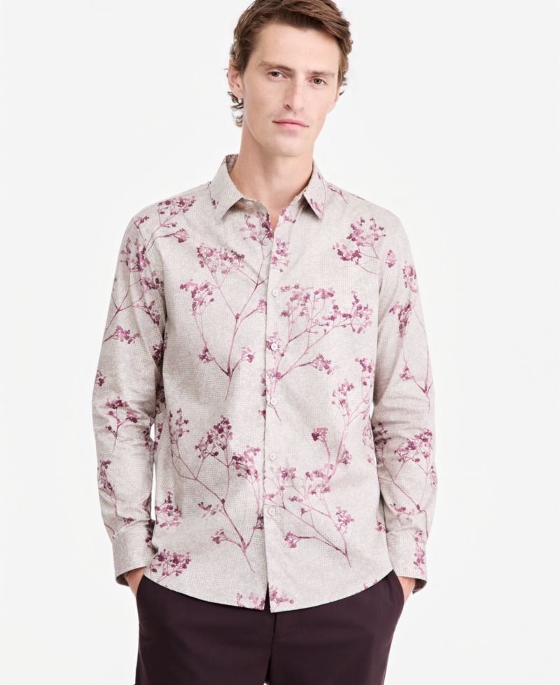 Men's Botanical Texture Long-Sleeve Floral Button-Down Shirt