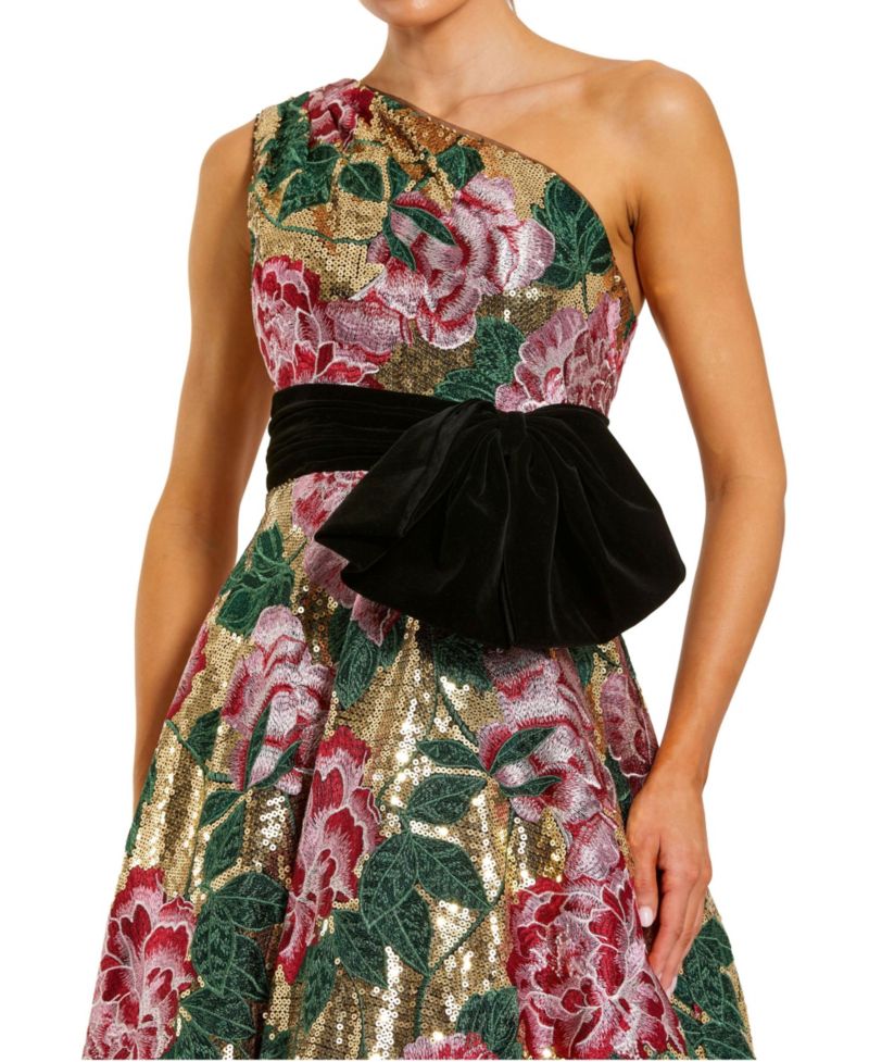 Women's One-Shoulder Floral-Sequin Velvet Bow Ball Gown