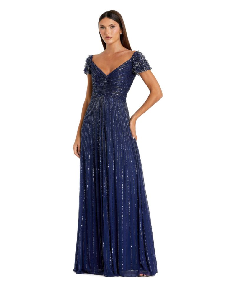Women's Beaded Cap Sleeve V-Neck A-Line Evening Gown