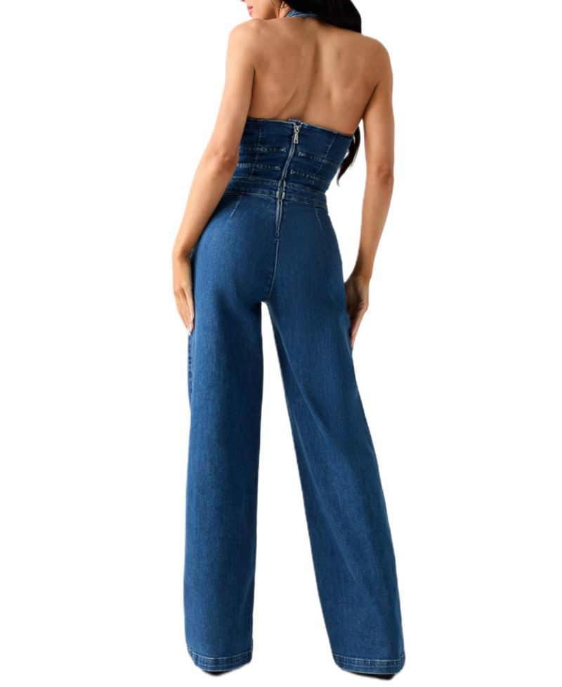 Women's Val Halter V-Neck Wide-Leg Denim Jumpsuit