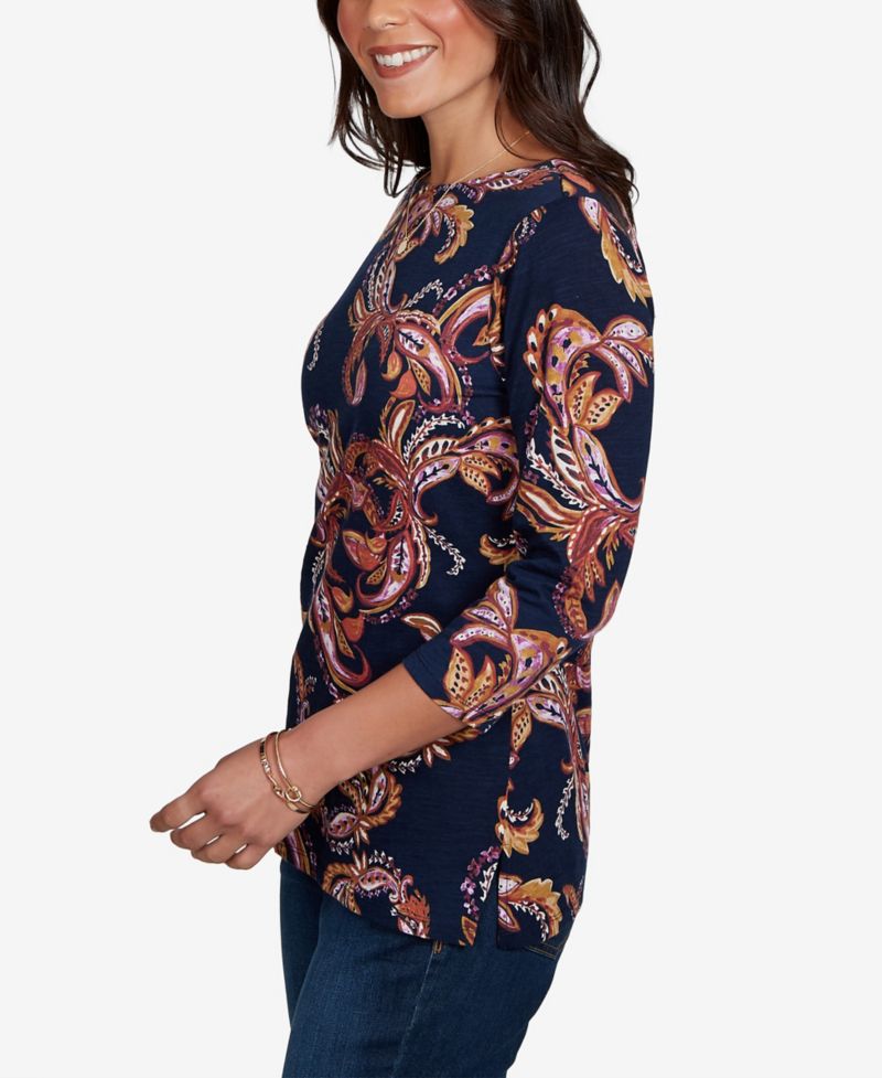 Petite Paisley-Print Boat Neck 3/4-Sleeve Top